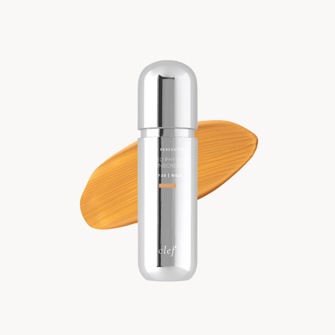 CLEF Skin Perfecting Tinted Physical Sunscreen SPF30 – Rich shade, product tube